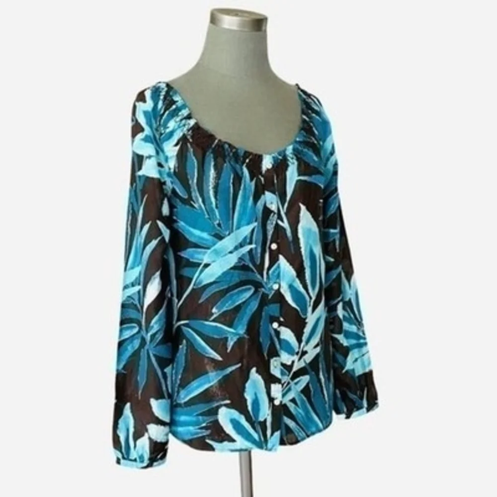 Tommy Bahama Silk Cotton Off Shoulder Blouse XXS Blue Brown Plants Top $138 NWT - Picture 5 of 11